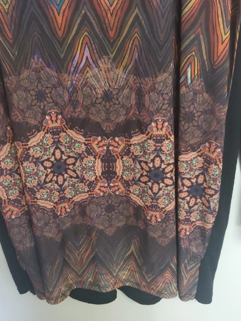 Black Long-Sleeve Tunic with Multicolor Chevron & Medallion Print